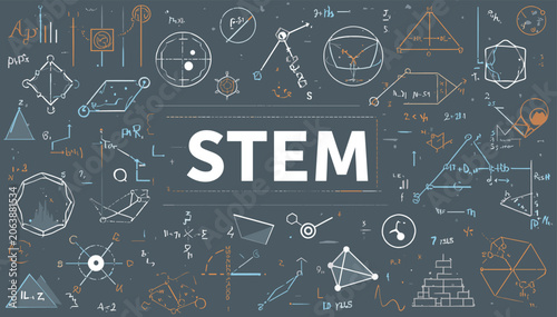Tableau sur toile A visually engaging graphic illustrating the concept of STEM, featuring geometric shapes, mathematical formulas, and scientific diagrams against a dark background
