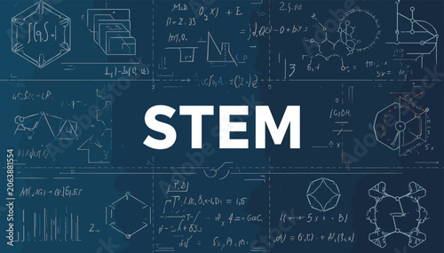 Obraz na plátně STEM education concept with scientific formulas and diagrams on a blue background