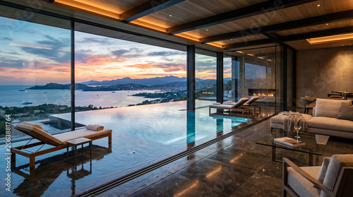 Luxury indoor infinity pool looking out to sea during a tranquil sunset.
