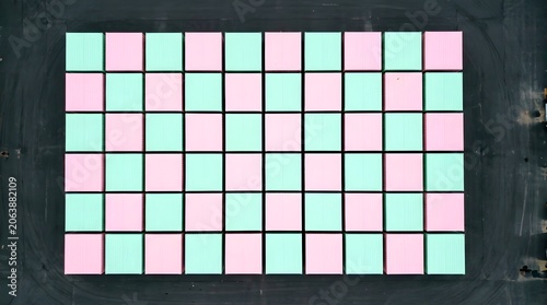 Aerial Top Down View Of Pink And Green Shipping Containers Arranged In Checkerboard Pattern