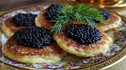 Rich little pancakes hold fine black fish eggs, topped with a fresh green herb.