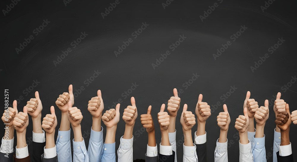 Obraz premium A diverse group of people raising their hands with thumbs up in agreement or approval.