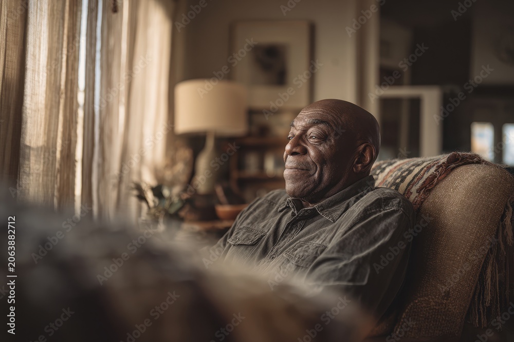 Fototapeta premium Warm living room portrait of a mature African American man seated in a cozy chair