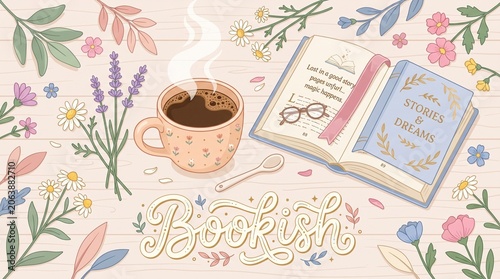 Bookish aesthetic illustration, coffee cup and open book, cozy reading time and literature art