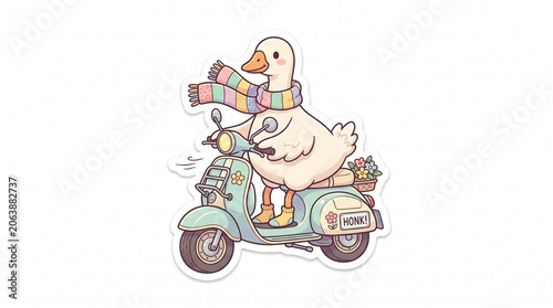 Cute goose sticker riding a scooter, whimsical animal illustration for scrapbooking and crafts