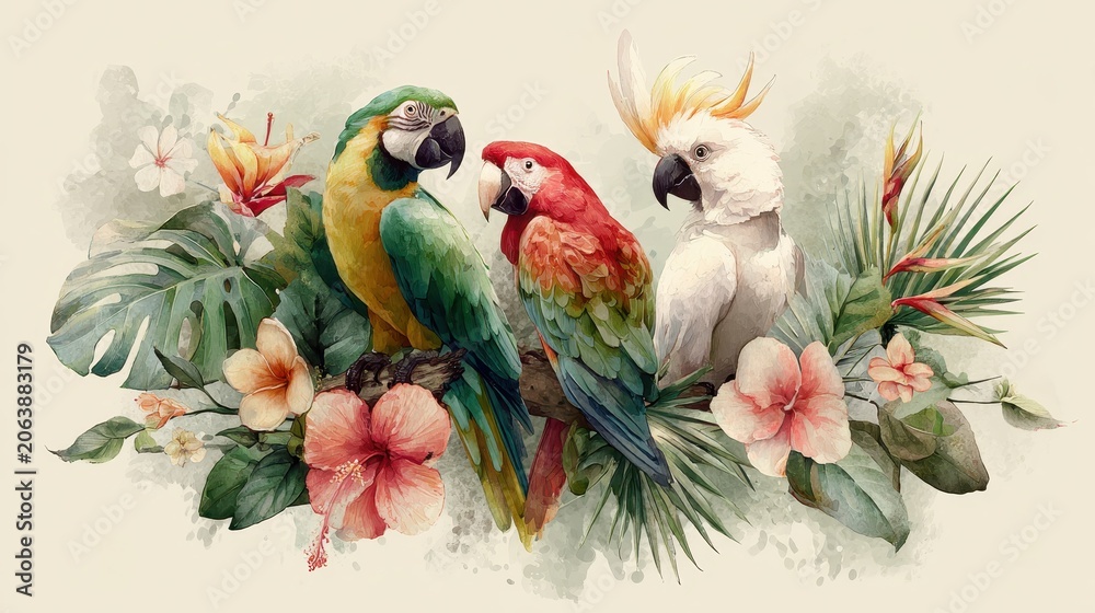 Obraz premium Watercolor illustration of tropical parrots: macaw, toucan, and cockatoo in vibrant jungle hues