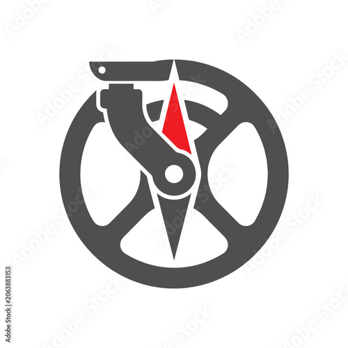 Vector graphic of a compass with a red directional arrow on a white background.