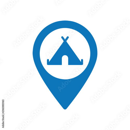 Vector illustration of blue map pin with tent icon, symbolizing camping or outdoor adventure location