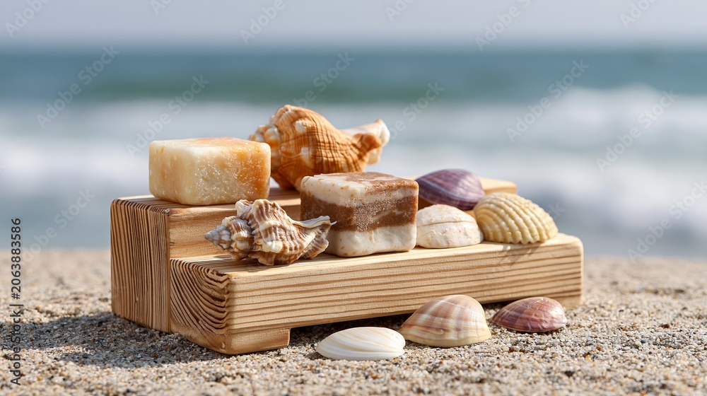 Obraz premium Wooden stand and shells on beach sand display products. Soft ocean view behind.