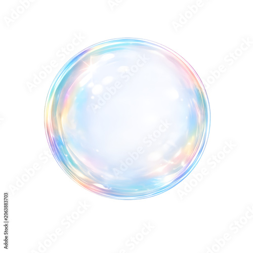 Transparent Iridescent Soap Bubble Isolated on White Background, Colorful Floating Bubble with Reflection