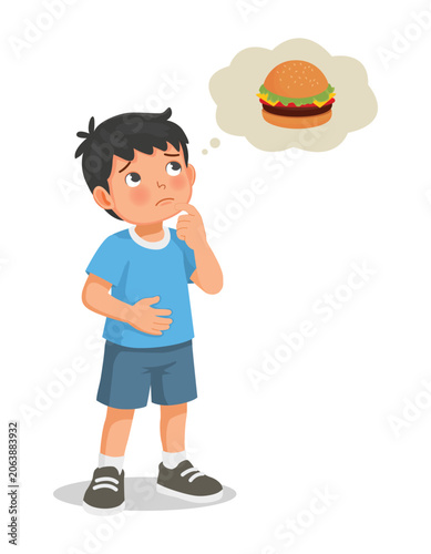 Принти на полотні Little boy feeling hungry thinking of eating burger