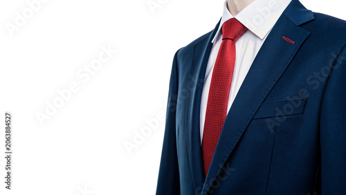 Foto Close up profile of a dark blue business suit with a red tie isolated on transpa