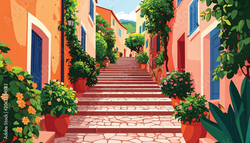 Colorful buildings with blue shutters.