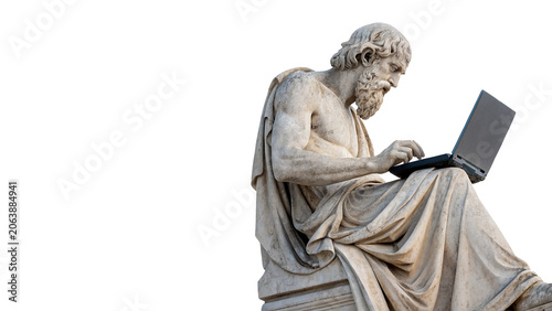 Tableau sur toile White marble sculpture bust of Socrates using a modern laptop isolated on transp