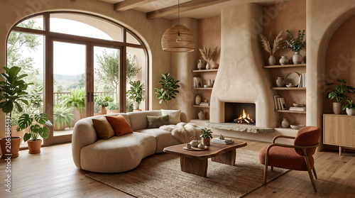 Elegant organic modern living room interior with curved sofa and fireplace.