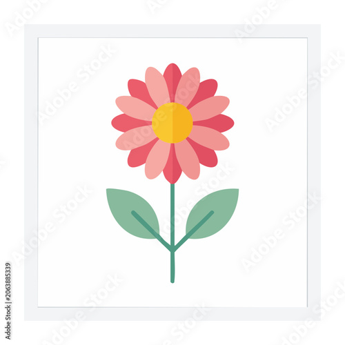 Flat design red flower with green leaves and yellow center