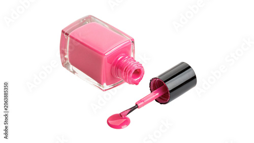 Canvastavla Bright pink nail polish bottle with an open applicator brush isolated on transpa
