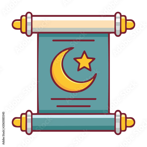 Islamic crescent moon and star on a scroll icon