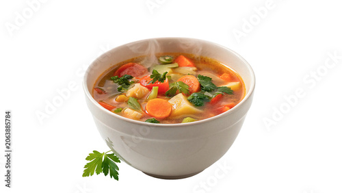 Tableau sur toile Ceramic bowl of hot healthy vegetable minestrone soup isolated on transparent ba