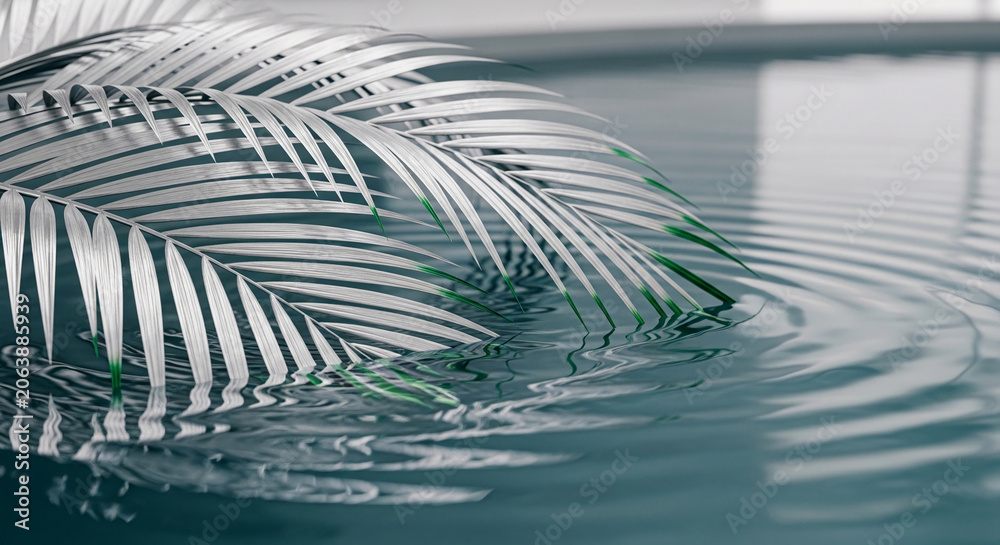 Obraz premium Silver palm fronds gently touch serene blue water, creating ripple effect, symbolizing tranquility, spa, and luxury resort aesthetics