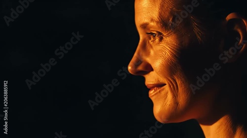 Woman in profile view looking forward under warm light. Cinematic portrait of a mature lady with skin texture visible on a dark background. Corporate headshot