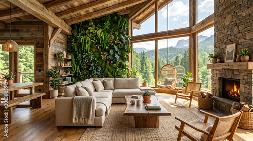 Cozy cabin living room with stone fireplace and forest view.