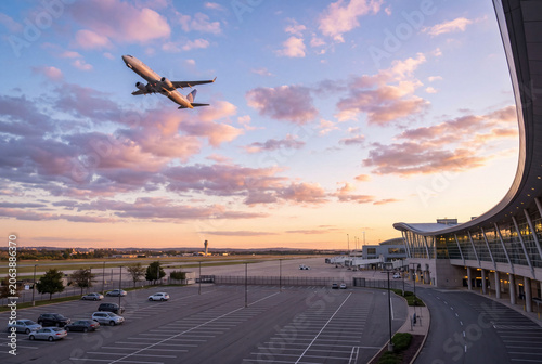 An airplane taking off into a dramatic colorful sunset sky directly over a modern airport terminal building and parking lot