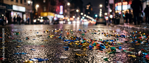 Colorful confetti scattered on a wet city street at night with blurry background lights after an outdoor festive celebration