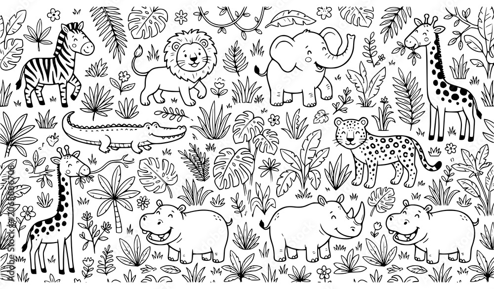 Obraz premium Safari Animals Seamless Pattern Vector with Zebra Lion Elephant and Giraffe Doodles