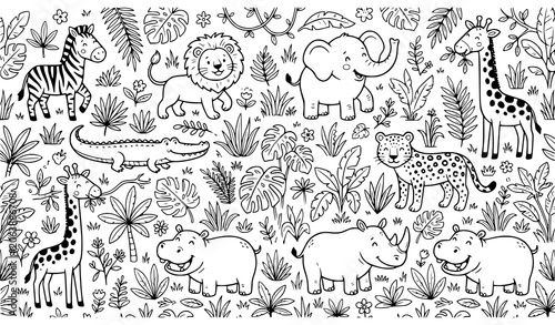 Canvas Print Safari Animals Seamless Pattern Vector with Zebra Lion Elephant and Giraffe Dood