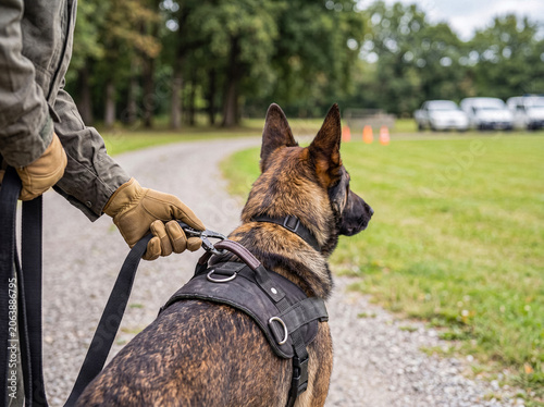 Bild auf Leinwand Working dog on a leash with a handler, looking over a training ground with vehicles in distance