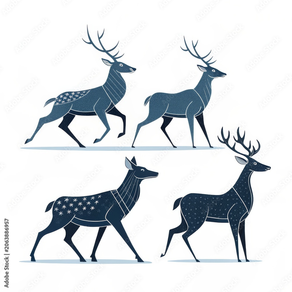 Fototapeta premium Four deers with antlers isolated on white background for christmas decoration