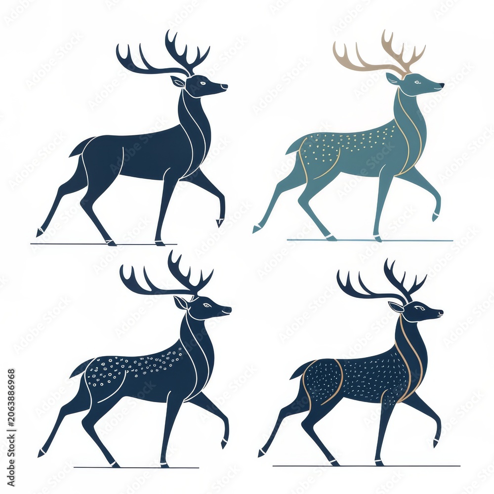 Obraz premium Four elegant deer with different colors isolated on white background