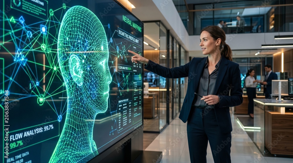 Fototapeta premium Businesswoman pointing at AI wireframe head display on large screen in tech office, ultra-wide cinematic photograph