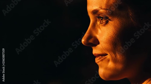 Caucasian woman looking sideways against a black background. Profile view of a focused female subject illuminated by warm side light in a studio environment