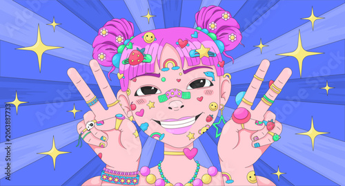 фотографія Japanese kawaii Harajuku girl with peace signs lofi illustration