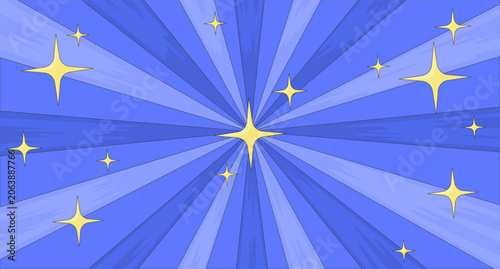Blue radial starburst with glowing stars lofi background. Abstract burst shining. Retro sunburst with twinkles. Lo Fi art aesthetic. 2D flat wallpaper nostalgic illustration. Vector cartoon image