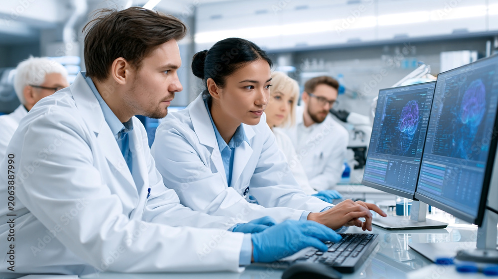 Fototapeta premium Researchers analyzing brain scans on computer monitors in modern medical laboratory with collaborative neuroscience team
