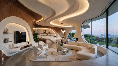 Futuristic Living Room Luxury Villa with Organic Curved Architecture and Warm Ambient LED Lighting.