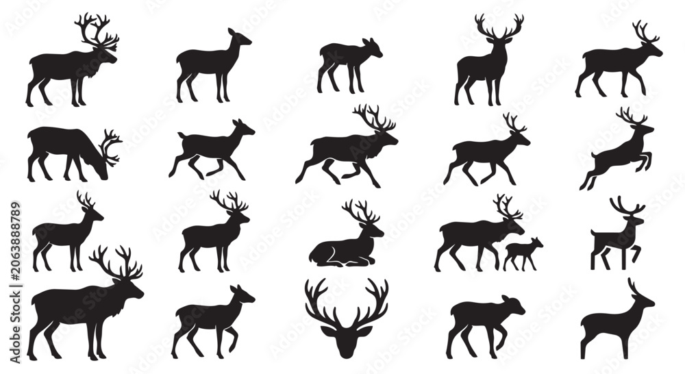 Fototapeta premium Black silhouette deer icons collection featuring antlers woodland animals in various poses, wildlife