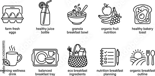 Fotografía Healthy breakfast and organic food line icon set featuring eggs juice bowl fruit toast tray basket and nutrition planning checklist