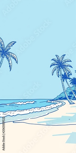 Hand-drawn blue line art beach scene with palm trees and waves, waves, blue