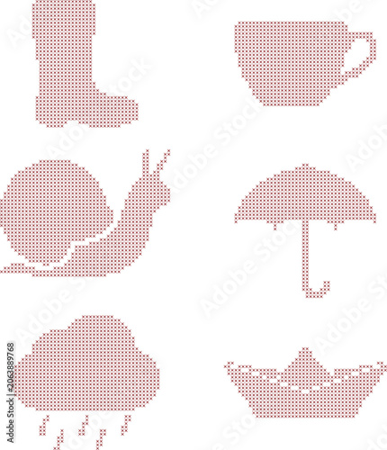 Cross stitch patterns icons boot, cup, snail, umbrella, cloud with rain, paper boat