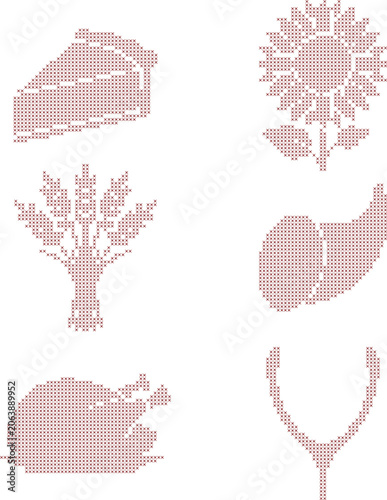 Thanksgiving and fall harvest red cross stitch icons set 