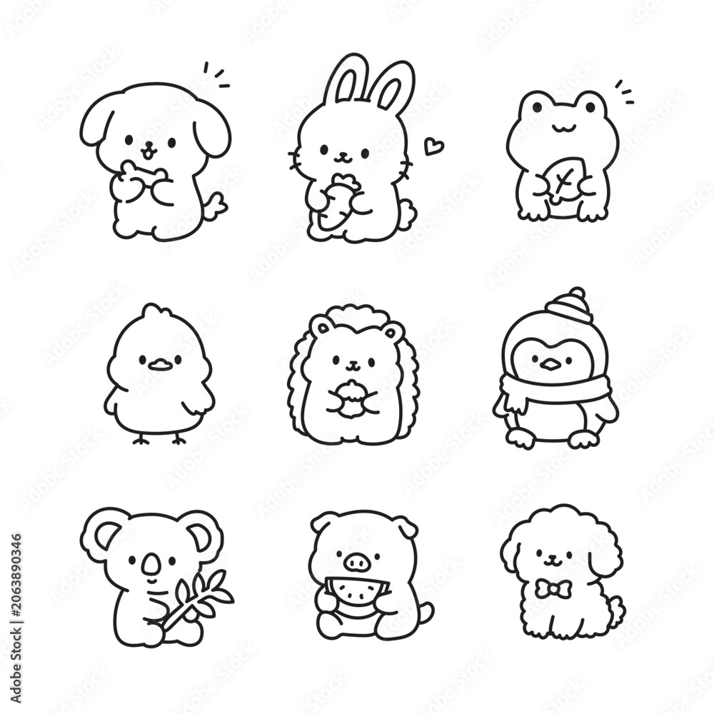 Obraz premium Adorable Animal Friends Coloring Page Featuring Cute Kawaii Characters
