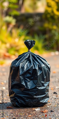 Tied up black trash bag ready to put to garbage, collection, ||black