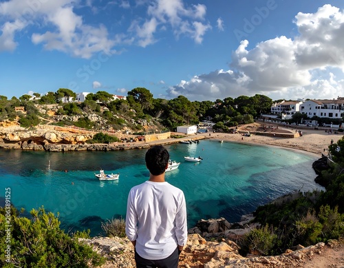 A man overlooking a serene turquoise bay with boats