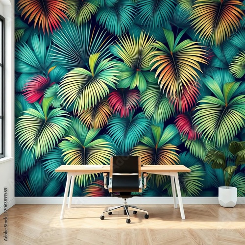 Vibrant palm leaf wallpaper adorns minimalist office walls, modern, unique