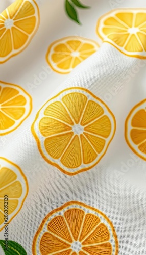 Whisper-thin linen fabric with delicate lemon slice design hand-stitched in intricate detail, minimalist, soft focus