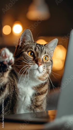 Curious tabby cat looking attentively toward the camera